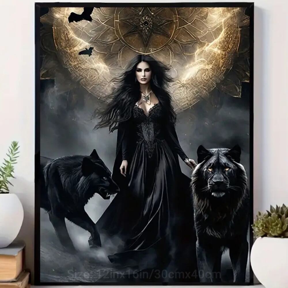 Dark Goddess Canvas Art Print 12"×16" Gothic Sorceress Companion Creatures Decor